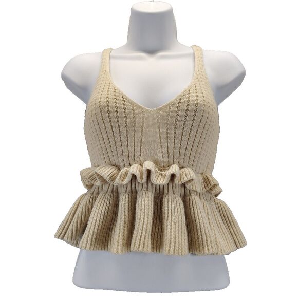 Unbranded Womens Cream Ivory Knit Cropped Peplum Crochet Tank Top Size S Boho - Picture 1 of 8
